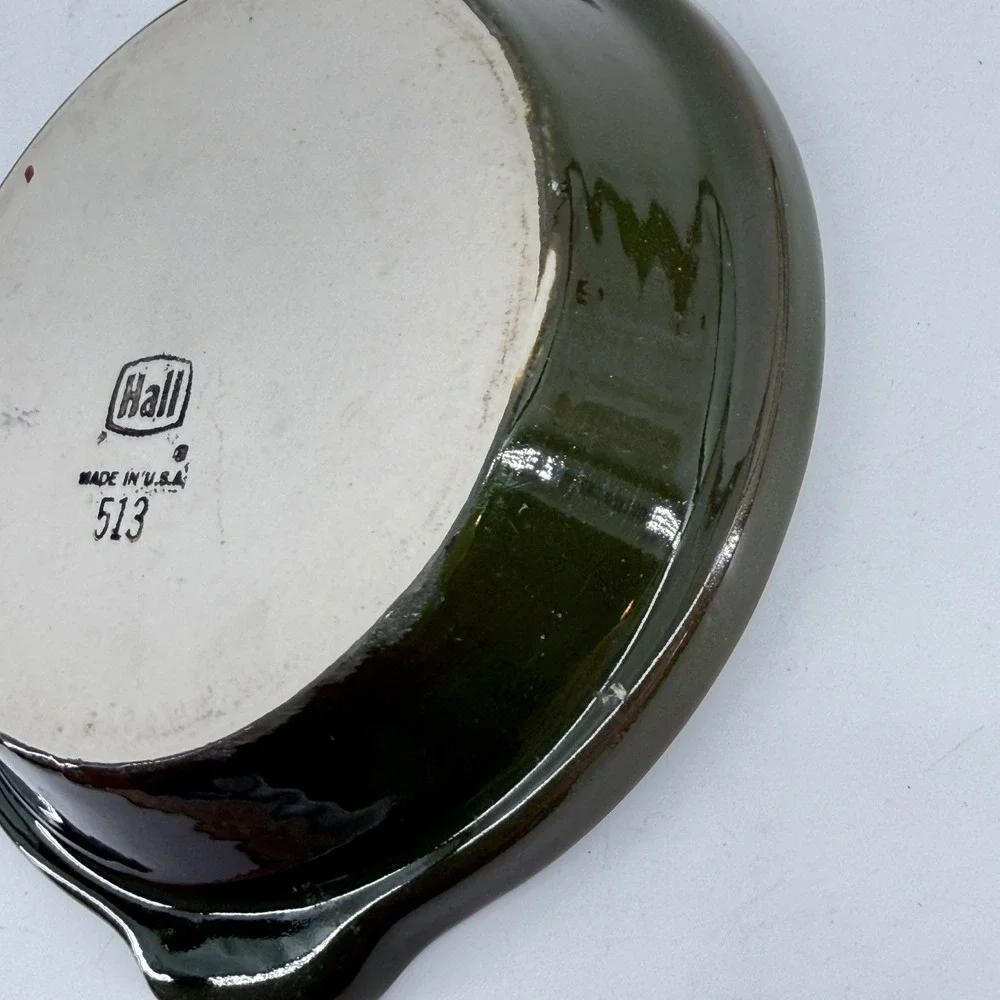 Hall Ceramic Baking Dish 513 Unisex Green White Vintage Tab Handle Stoneware